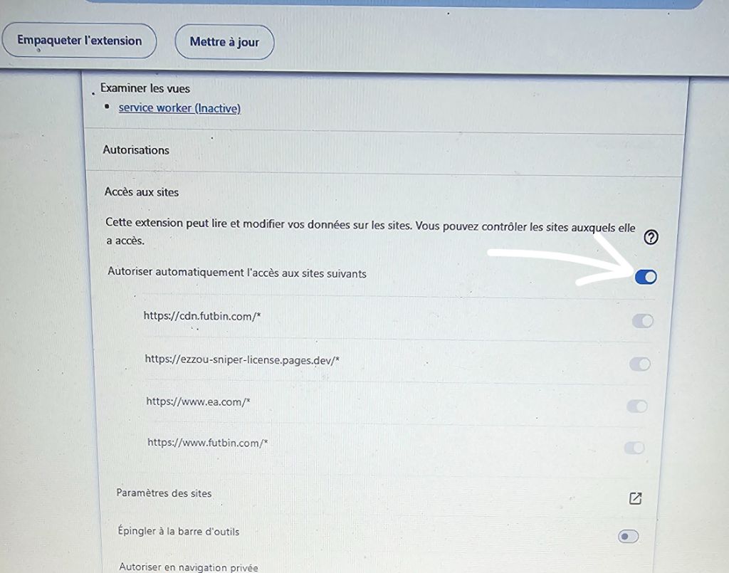 Réglage Accès aux sites dans chrome://extensions - activer Autoriser automatiquement l'accès aux sites suivants